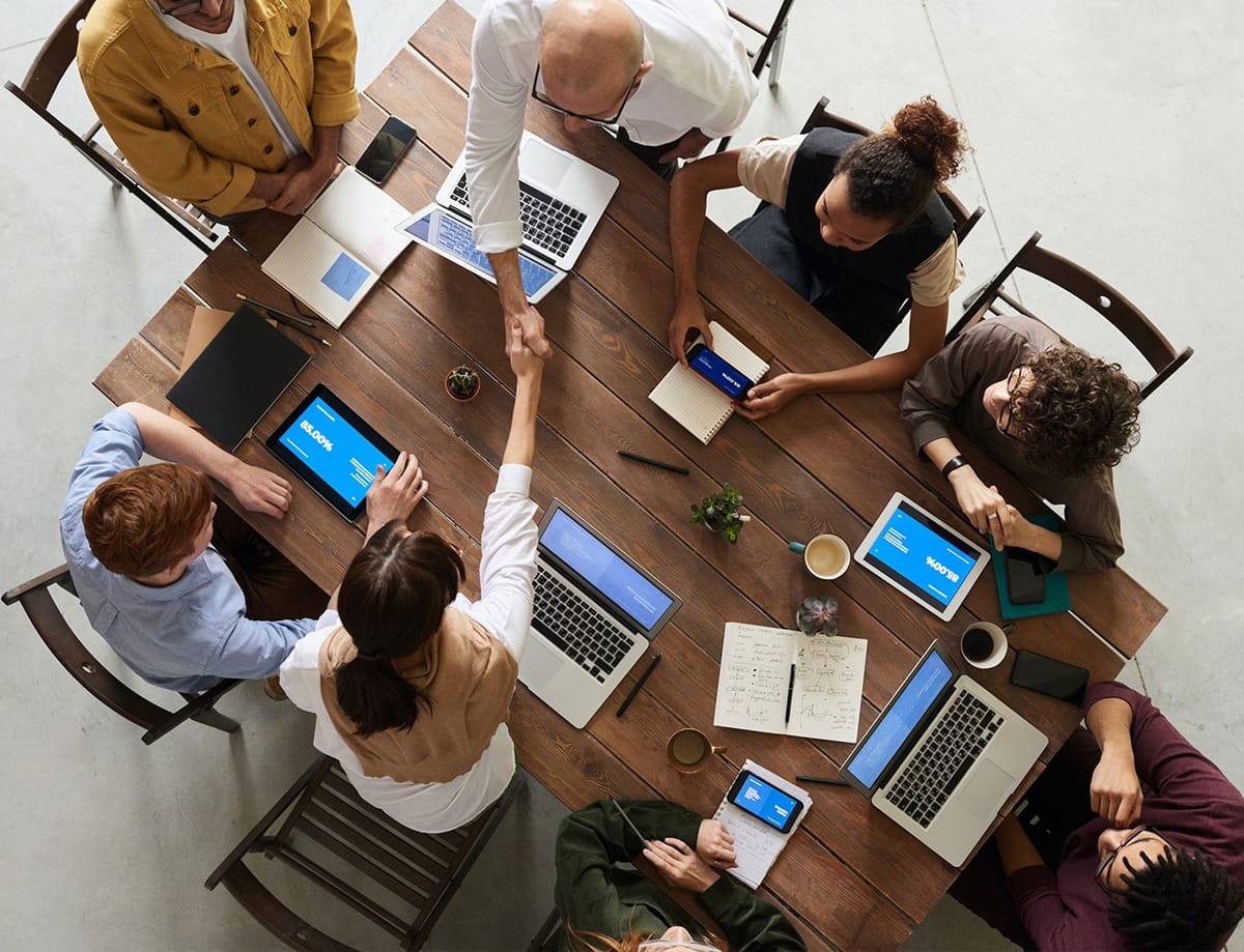 Overhead view of a collaborative business planning session