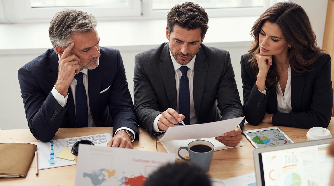 Vader Barclay consultants and a client reviewing financial growth plans together around a table